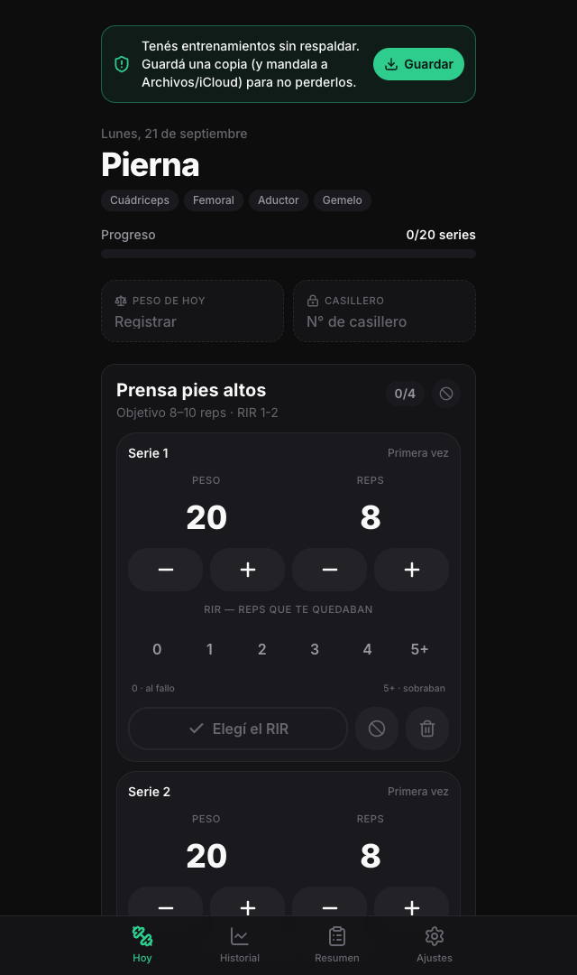 Pantalla de Gym Log registrando series de un ejercicio